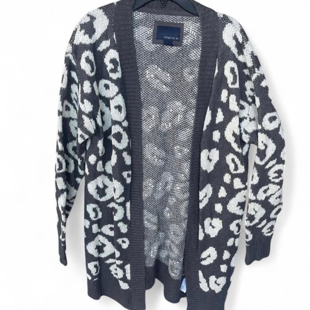 Forever 21 Charcoal and White Leopard Open Cardigan
